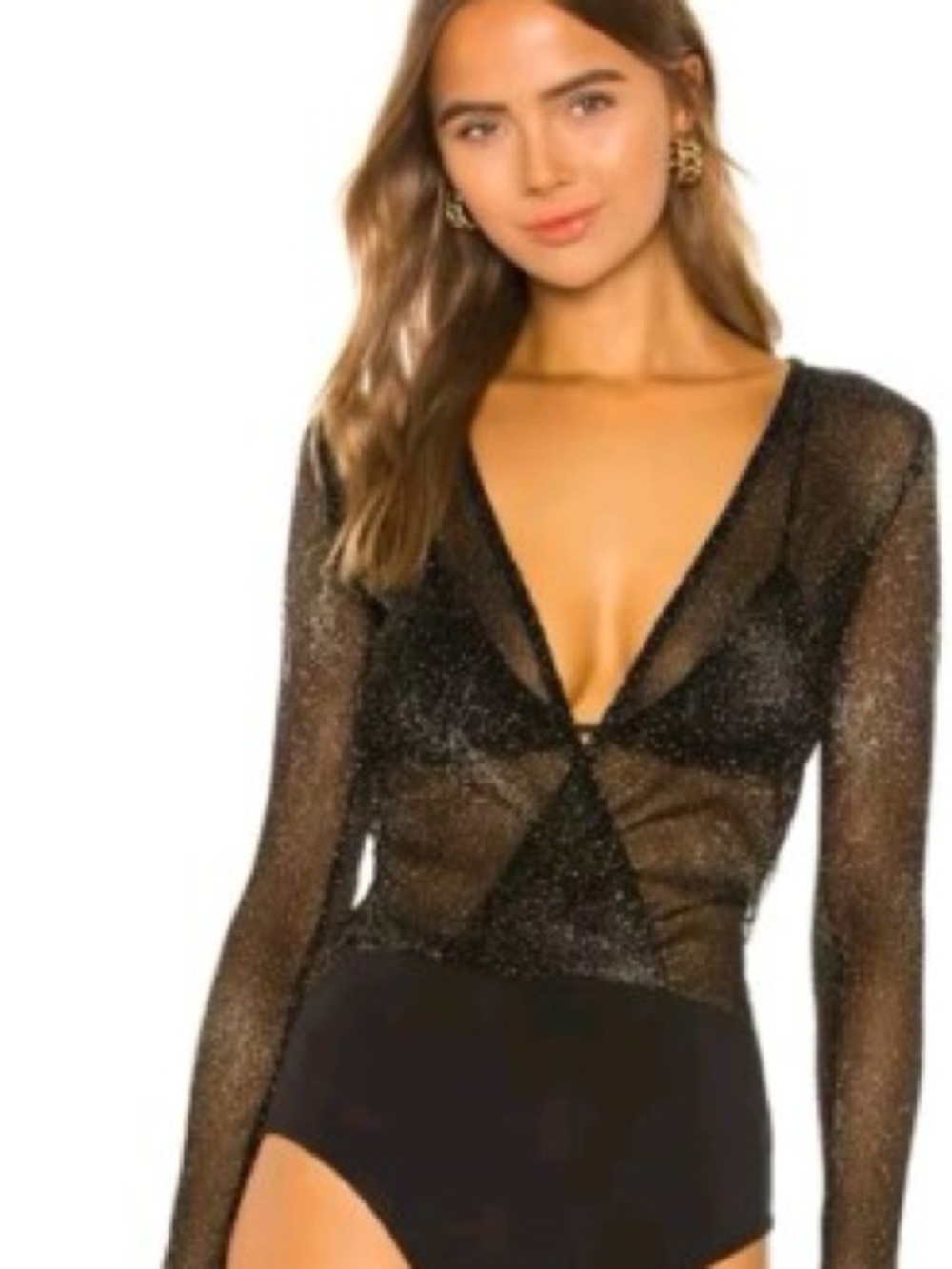 superdown | Black Sheer Glitter V-Neck Long-Sleeve Bodysuit